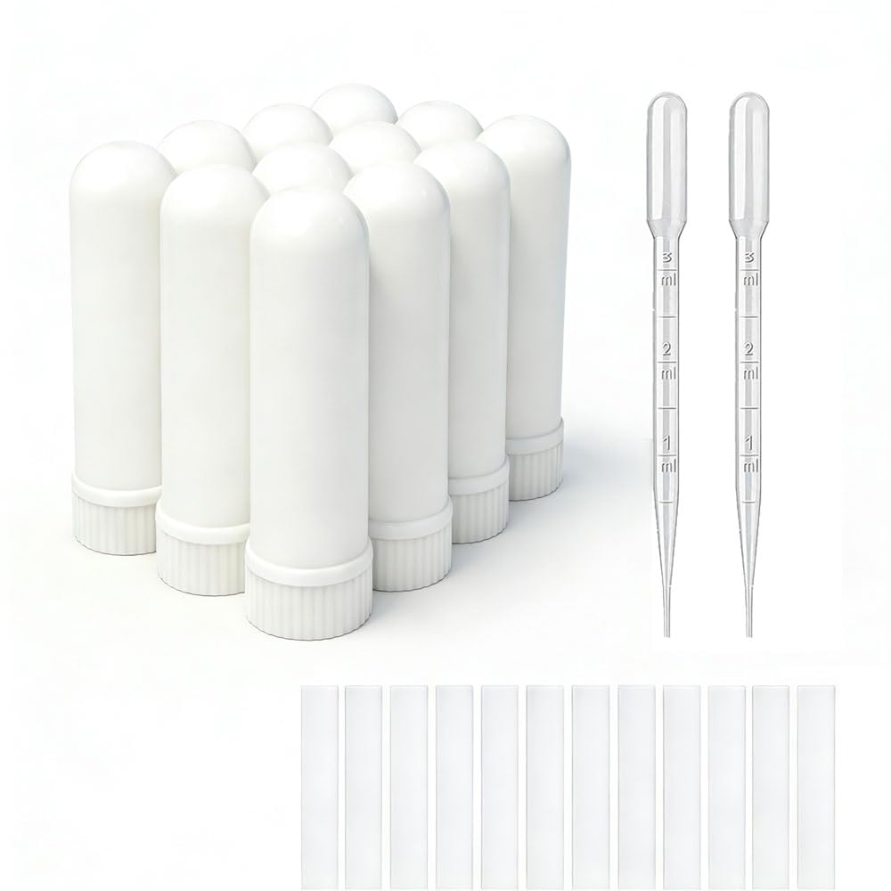 12セットエッセンシャルオイルアロマセラピーチューブ吸入剤スティックブランク鼻吸入(12コンプリートスティック)+ 2ポリエチレンピペットドロップパー