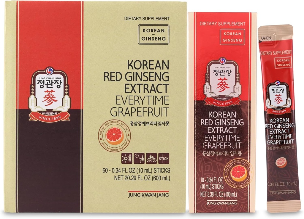 JUNG KWAN JANGの韓国の赤いGinsengのエキスの毎回Grapefruit 1000mgの  Ginsengの補足、Enegyの補足、韓国の食糧 カフェインの自由な、グルテンフリー、ブースト エネルギー、酸化防止  60の計算