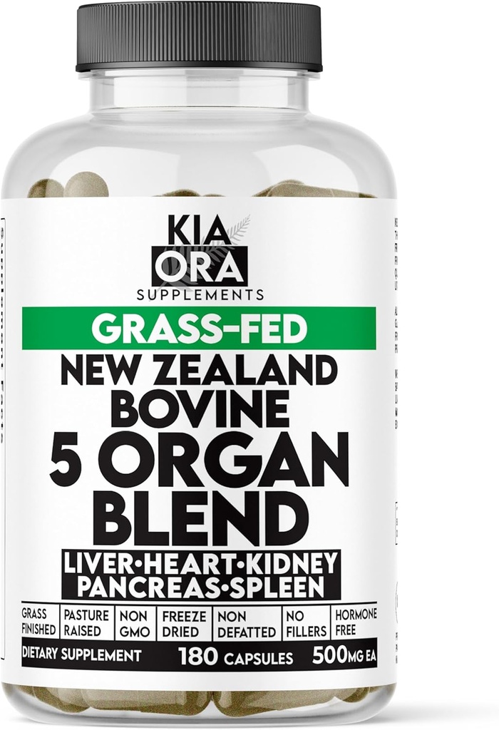 グラスフェッドホバイン5オーガンコンプレックス - 肝臓、心臓、腎臓、脾臓および膵臓 - エネルギー、デトックス&免疫サポートのための凍結乾燥性腺サプリメント - 180カプセル