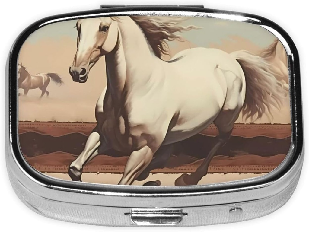 Pill Box, Small Pill Case for Purse & Pocket, Cute Medicine Organizer Travel Pillbox, Portable Pill Container Holder to Hold Vitamins, Medication, Fish Oil and Supplements,Prancing White Horse
