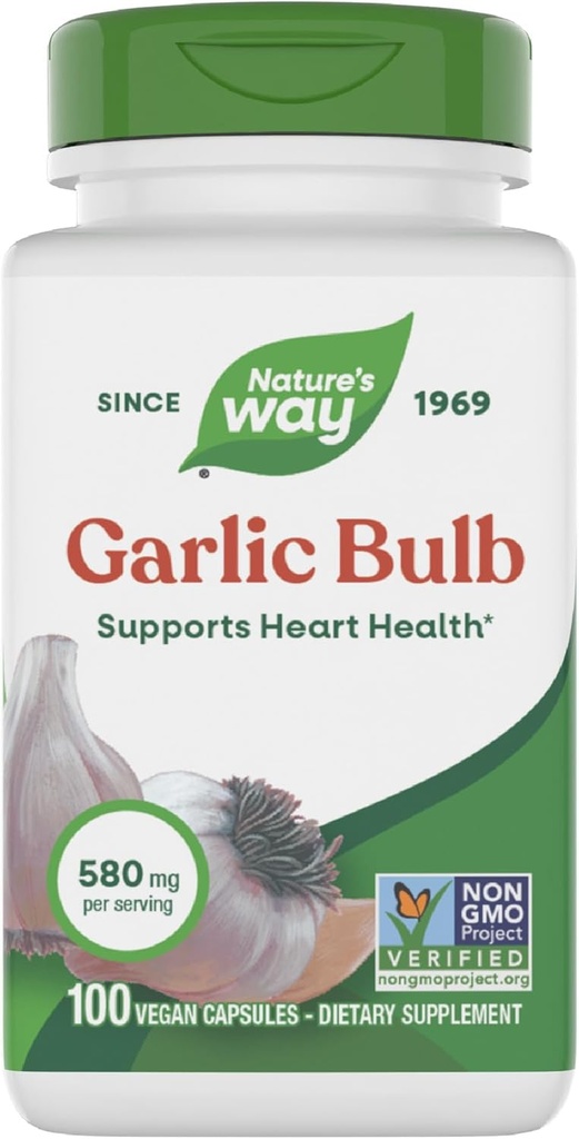 Nature's Way Garlic Bulb, Supports Heart Health*, Non-GMO Project Verified, 580 mg per Serving, Vegan, 100 Capsules (Packaging May Vary)