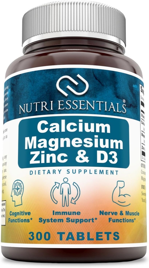 Calcium Magnesium Zinc + Vitamin D3 Tablets- Promotes Strong Bones & Teeth, Support Nerve & Muscle Function* (300 Count)