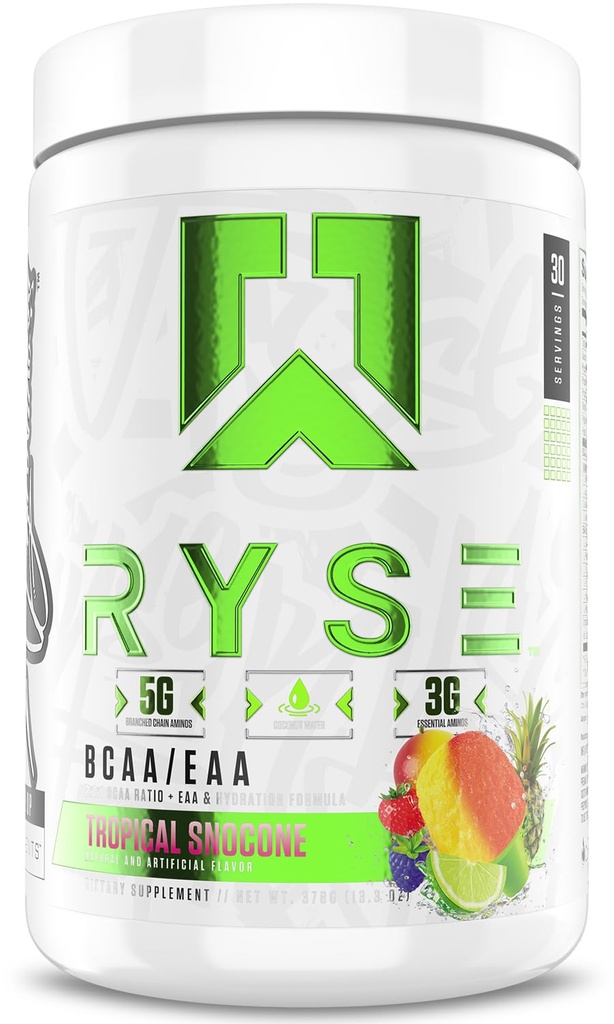 RYSE BCAA EAAパウダー - トロピカルスヌーコン - 5g ブランチングチェーンアミノ酸、3g エッセンシャルアミノ、砂糖フリー電解液プレ&ポストワークアウト筋肉回復、水和と強度 - 30 サービング