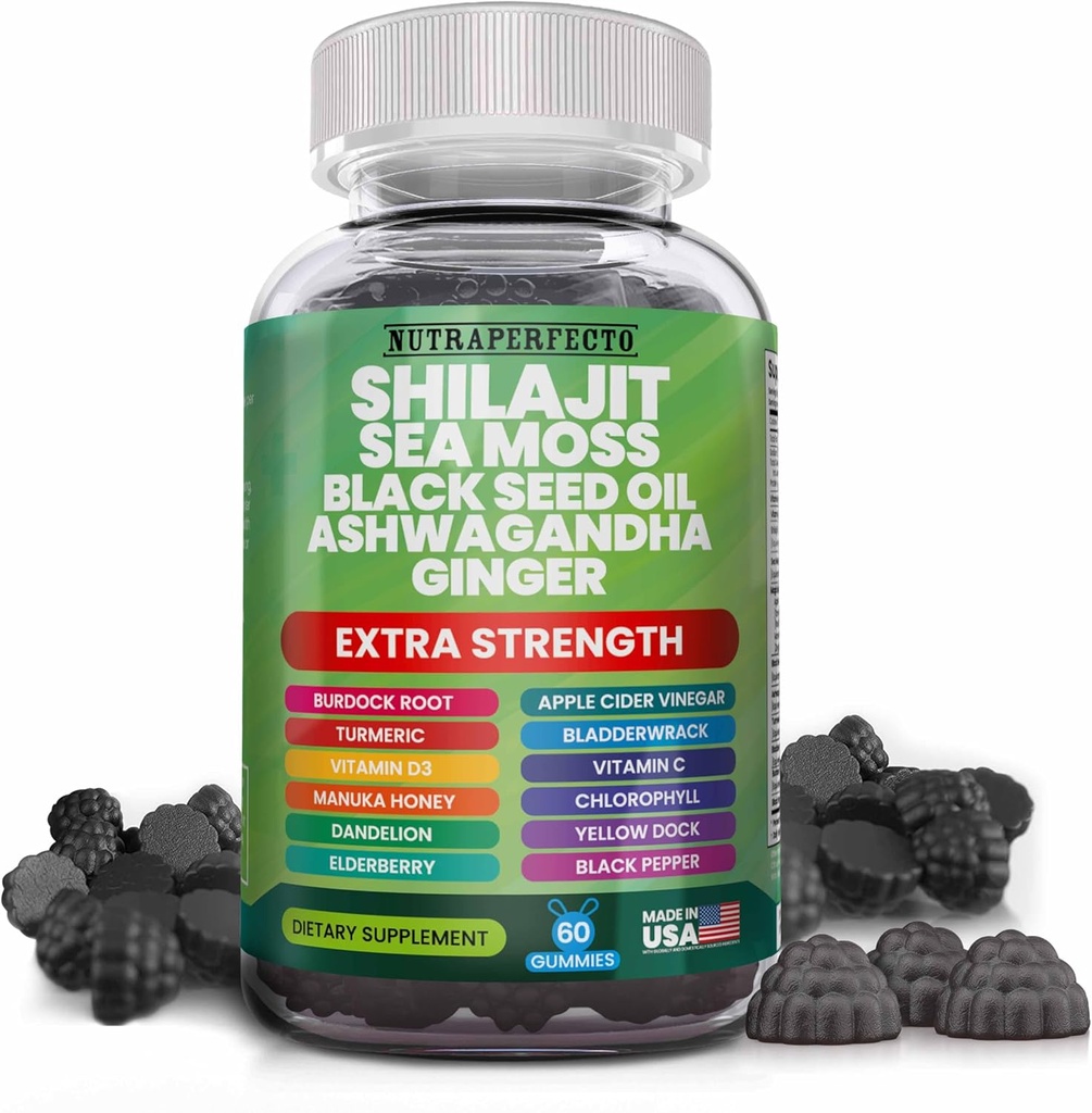 Shilajit Gummies with Irish Sea Moss Black Seed Oil Ashwagandha Ginger Elderberry Vitamin D3 Chlorophyll Turmeric Bladderwrack Advanced Strength Formula Resin Shilajit for Men & Women