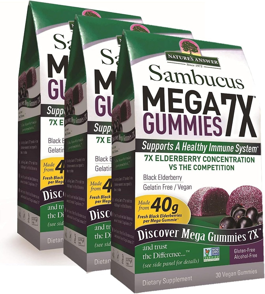 Nature's Answer Sambucus Mega Gummies | 7X よりエルダーベリーの集中 | アルコールフリー, グルテンフリー, 完全菜食主義者の, 完全菜食主義者の, ノン GMO & ノー防腐剤 | 30ct Gummies (パック3)