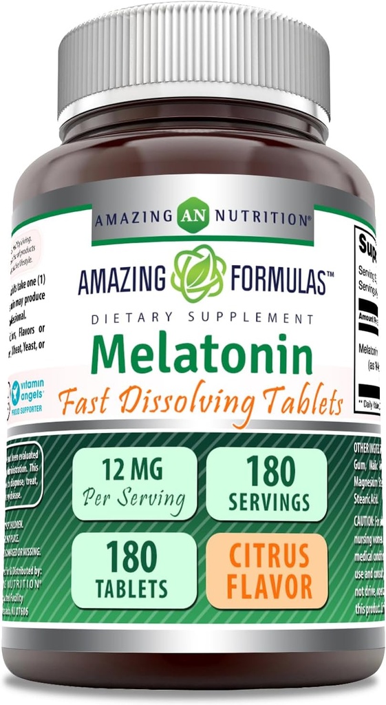 Amazing Formulas Melatonin Fast Dissolving Supplement | Citrus Flavor | 12 Mg Per Serving | 180 Tablets | Non-GMO | Gluten-Free | Made in USA