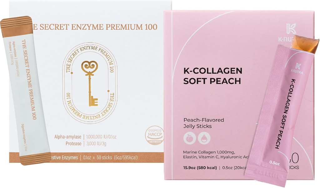 秘密の酵素プレミアム 100 (50 棒) & K コラーゲン ソフトピーチ コラーゲンゼリー (30 棒) 消化の健康, 皮膚の健康