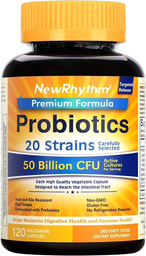 NewRhythm Probiotics 50 Billion CFU 20 Strains, 120 Veggie Capsules, Targeted Release Technology, Stomach Acid Resistant, No Need for Refrigeration, Pack of 1, Non-GMO, Gluten Free