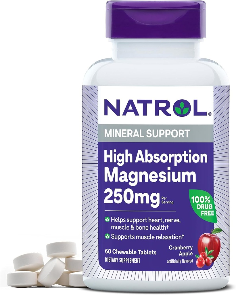 Natrol 高吸収マグネシウム 250 mg, 心臓をサポートする栄養補助食品, 神経, 筋肉と骨の健康, 60 クランベリー アップル風味の咀嚼可能なタブレット, 30 日の供給