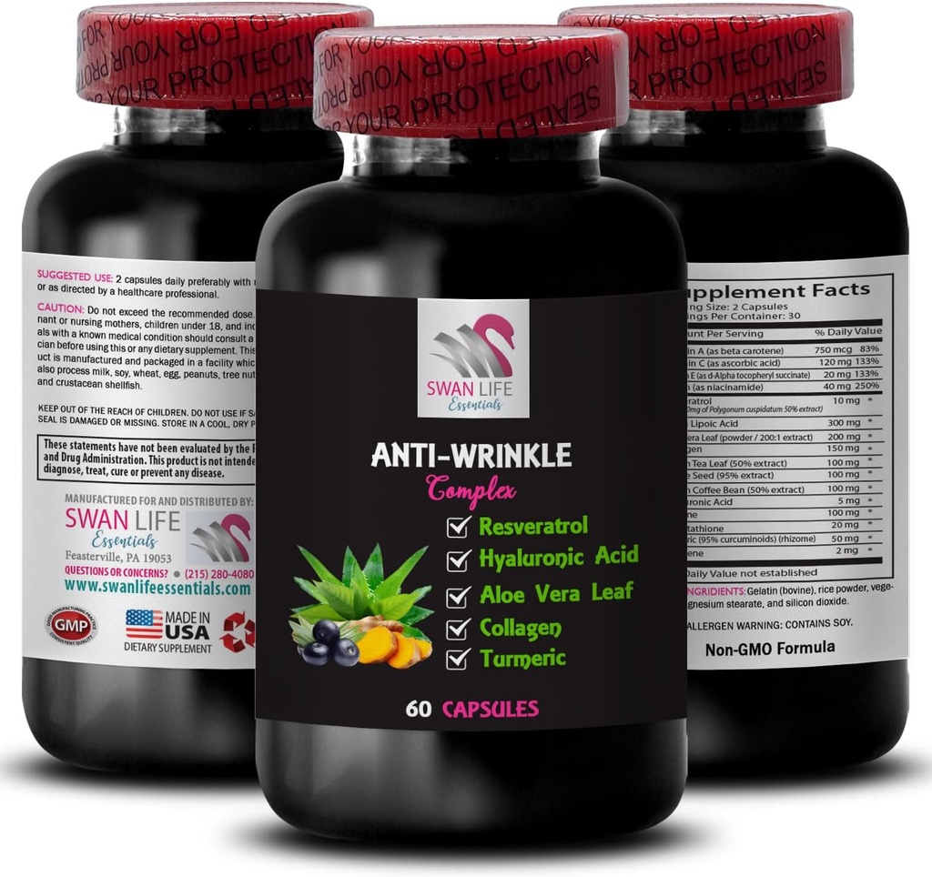 アルファリポ酸サポート - ANTI-WRINKLE COMPLEX - アロエベラリーフの利点、コラーゲンブースト、グリーンティーリーフエキス、グレープシードパワー、グリーンコーヒー豆の利点、ヒアルロン酸1ボトル60キャップ