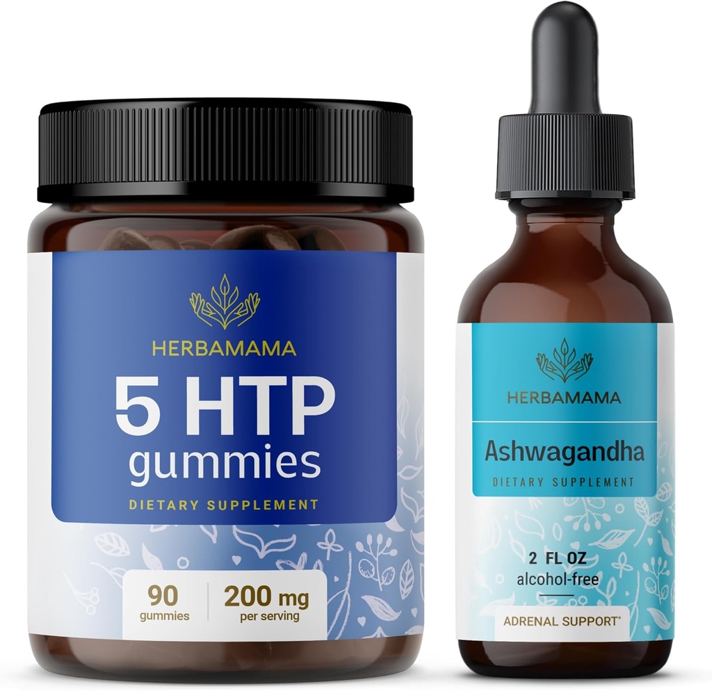 HERBAMAMA 5-HTP と Ashwagandha キット - バンドル 200 mg 5-Hydroxytryptophan グミー & Ashwagandha 液体ドロップ 2 fl oz - ビーガン, 非 GMO, アルコール & ゼラチンフリー - 2 パック