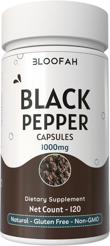ブラックペッパーカプセル1000mgパウダー | パイパーニグラム | 非GMO、グルテンフリー | 人工添加物なし | GMP認証 | ハーブサプリメント | 伝統的ウェルネス (1個入)
