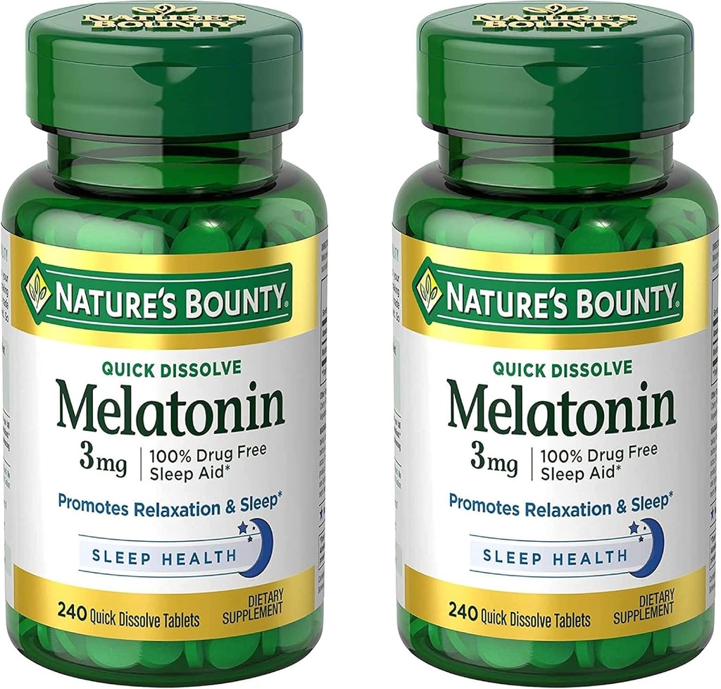 Nature's Bounty Melatonin 3mg、大人のための100%の薬剤の自由な睡眠の援助、サポート弛緩および睡眠、食事療法の補足、240の計算(パッケージ2)