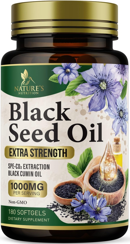 ブラックシードオイルSoftgels 1000mg - プレミアムニゲラサティバブラックシード、皮膚&免疫サポートのための純粋な天然黒カミンシードオイル&抗酸化剤 - 非GMO、米国サプリメントでボトル入り - 180ソフトゲル
