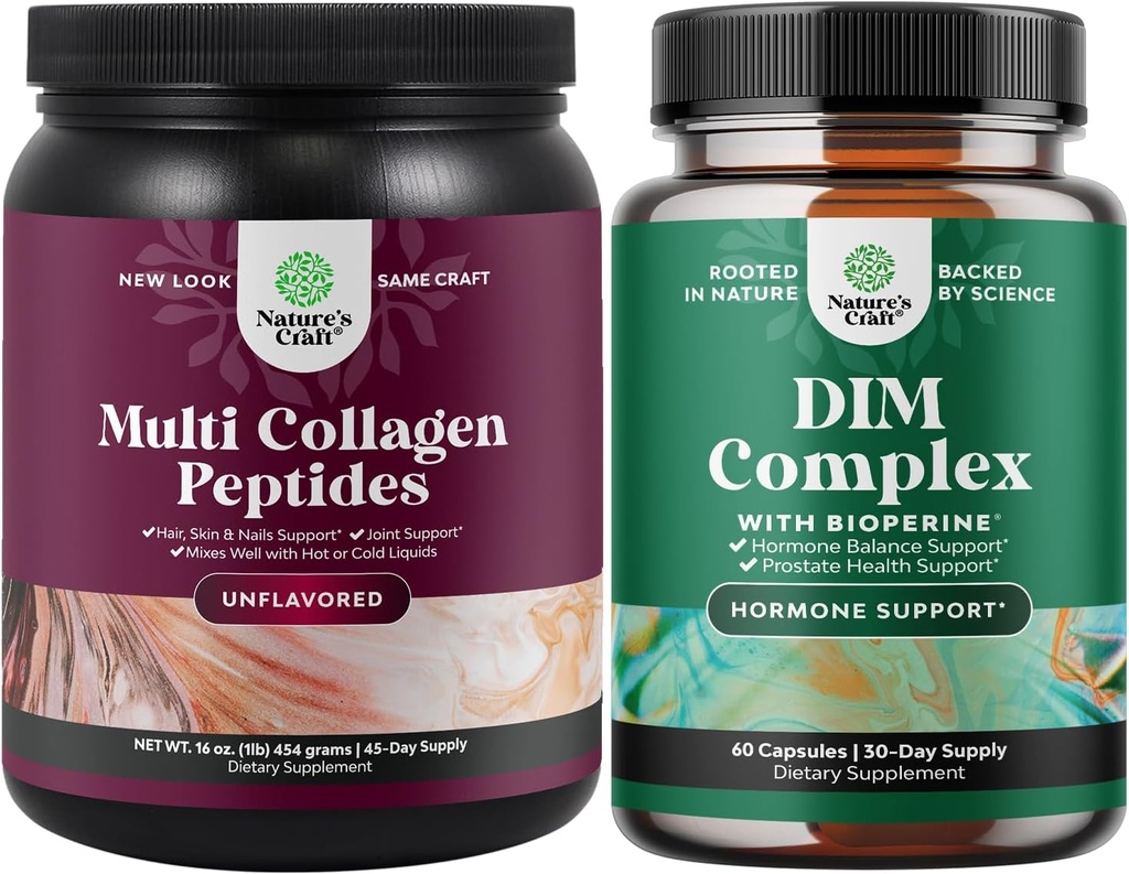 Natures Craft Bundle of Multi Collagen Protein Powder for Women and Men - Hair Skin and Nails Vitamins and DIM Complex Men and Womens Hormone Balance Supplement