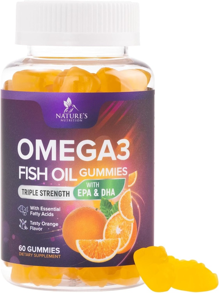 Omega 3 魚油グミー - 心の健康サポートオメガ 3 高吸収 DHA と EPA の大人と子供のためのガミーサプリメント, 関節 & 脳サポート, おいしいオレンジ風味魚油ビタミン, 60 グミ