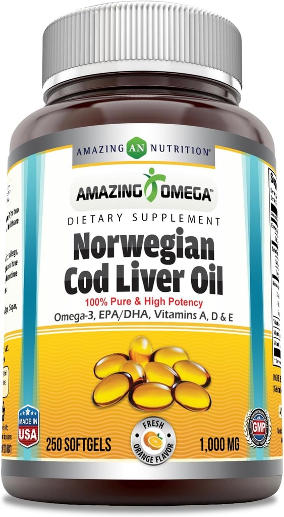アメイジングオメガノルウェータラ肝油1000Mg Softgelsサプリメント  Omega-3、EPA、DHA、ビタミンA、D&ビタミンE(オレンジ  250)