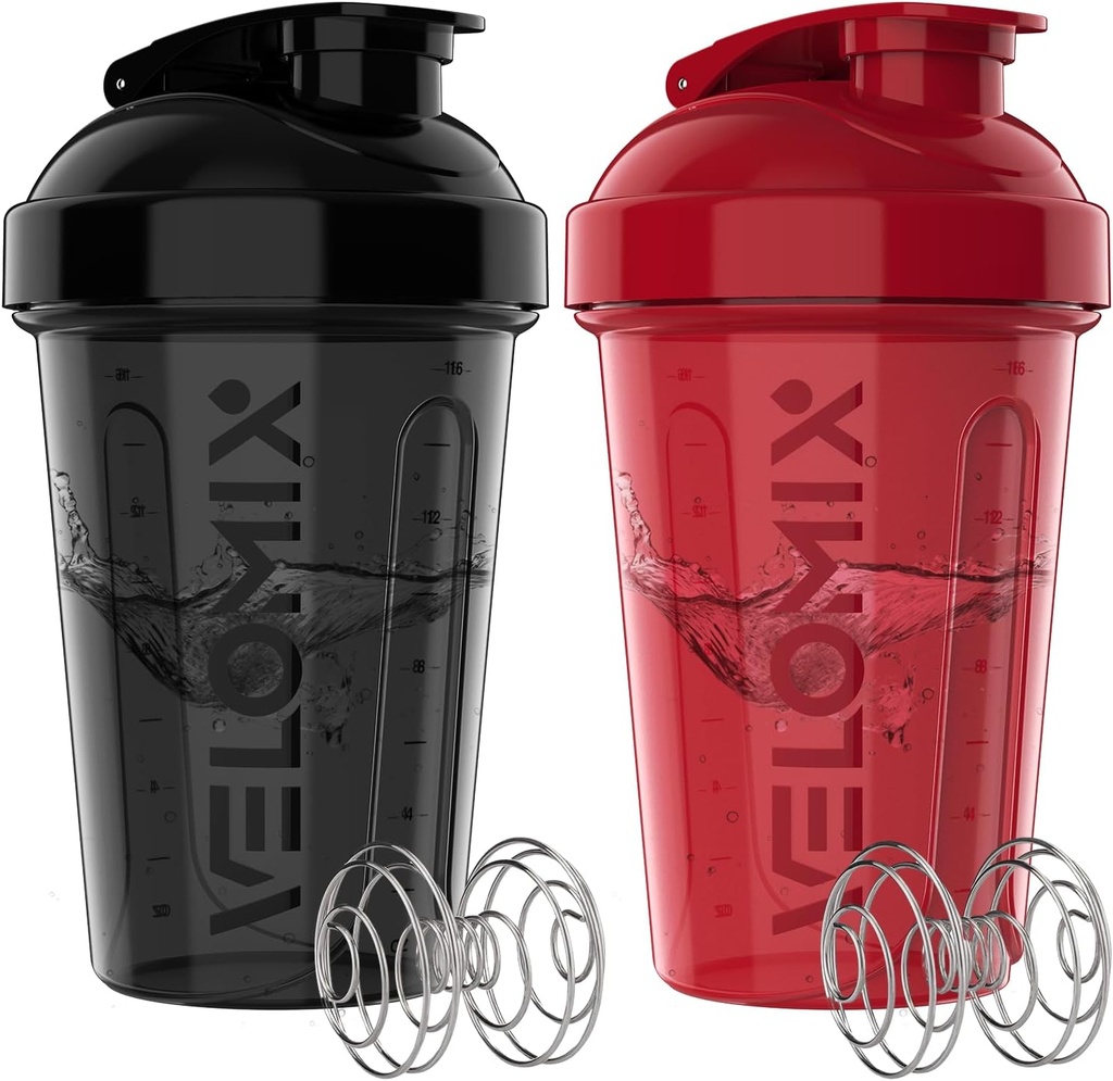 VELOMIX -2 パック- 20 oz プロテインミキサー用プロテインシェーカーボトル - 2x ワイヤーウィスク   リーク プロテインシェークとプレワークアウトのためのプルーフシェーカーカップ | タンパク質シェーカーボトルパック(ブラック/レッド)