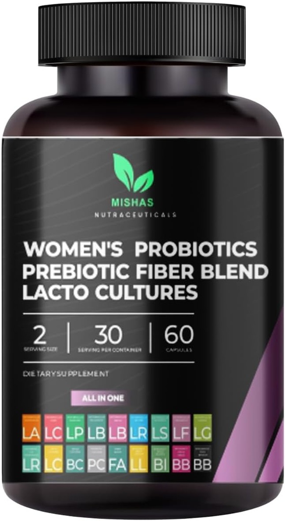 女性のためのMishas Nutraceuticals Probiotics, 50 Billion CFU - 16 プレバイオティックストレーナー - 腟の健康をサポート, 腸の健康と免疫システム - フェミニンサプリメント - 60 カプセル