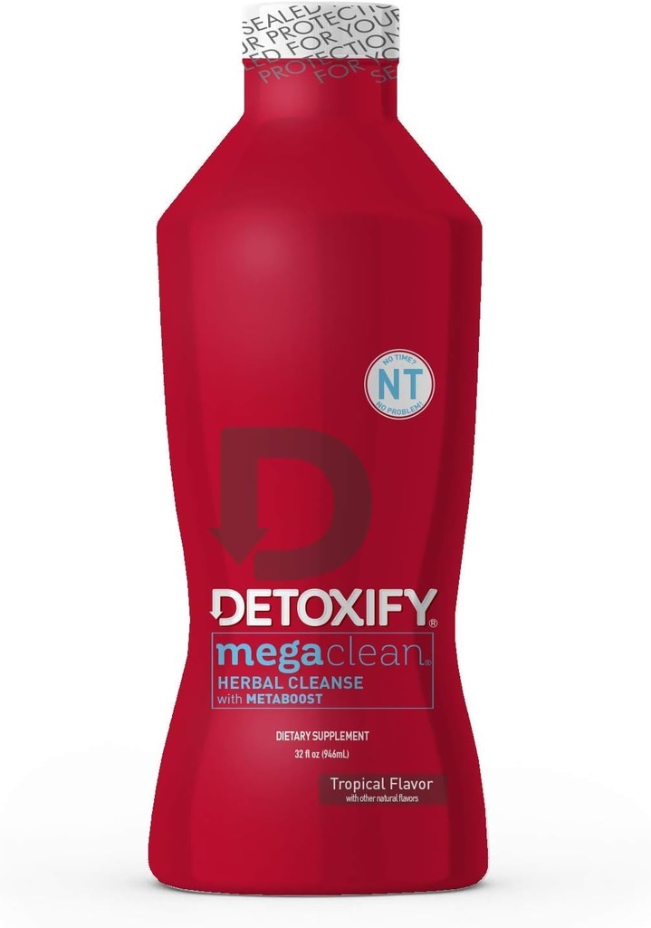 Detoxify – Mega Clean NT Herbal Cleanse – Tropical – 32 oz – Professionally Formulated Herbal Detox Drink – Enhanced with MetaBoost Eliminating Need for PreCleanse – Plus Sticker