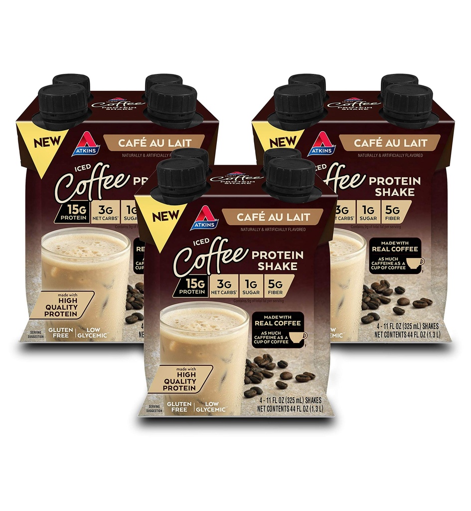 Atkins Café au Lait Iced Coffee 風味のプロテインシェイク、ハイプロテインシェイク、低糖、低炭水化物、低糖、ケトフレンドリー、グルテンフリー、12カウント