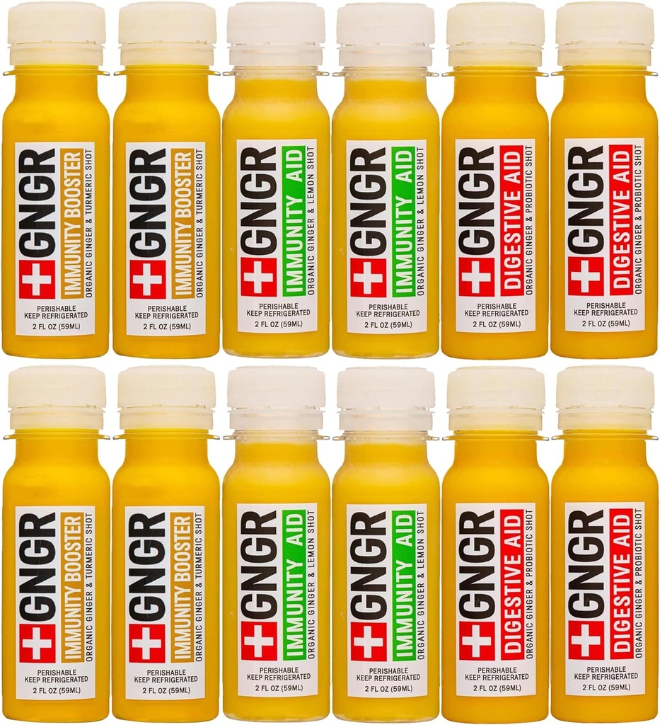 +GNGR免疫サンプラー有機ジンジャーウェルネスシュート - すべての自然な消化器サポートと免疫サポートのためのプレミアムジンジャーシュート、消化器補助金、ガットクレンジングとデトックス2 floz(12パック)