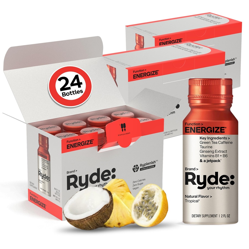 Ryde: Energize Shot | トロピカルフレーバー | 緑茶カフェイン・タウリン・ギンエキス・ビタミンB | 0カロリー・0砂糖 | 2FL OZ シュート | ブーストエナジー※(24パック)