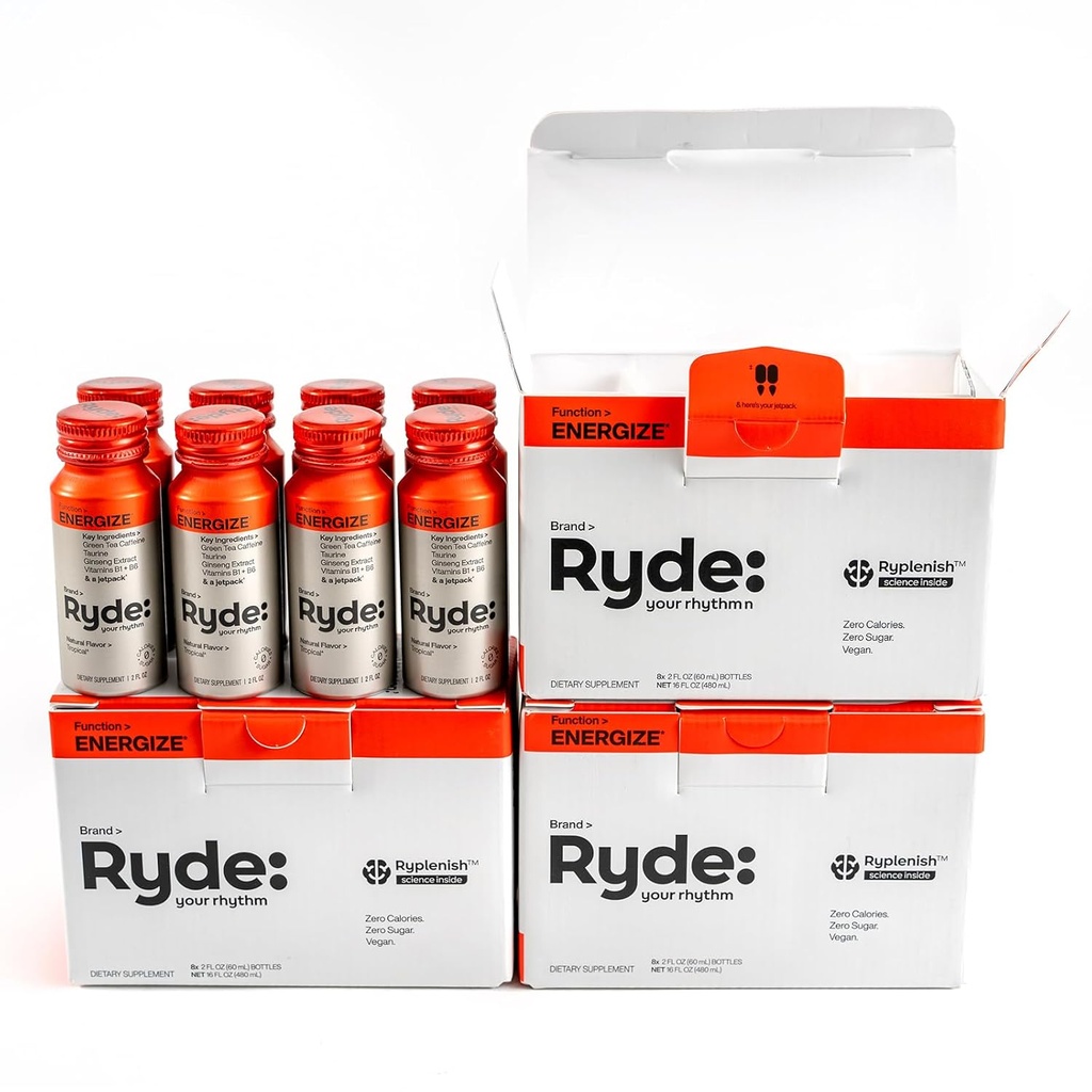 Ryde: Energize Shot | トロピカルフレーバー | 緑茶カフェイン・タウリン・ギンエキス・ビタミンB | 0カロリー・0砂糖 | 2FL OZ シュート | ブーストエナジー※(24パック)