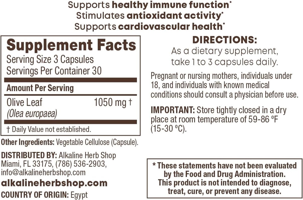 Alkalineハーブショップオリーブリーフサプリメント90カプセル