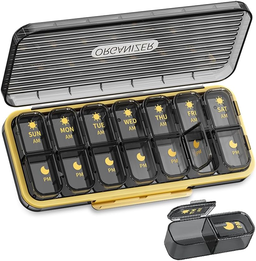 週刊ピルオーガナイザー2日、ZDQZCトラベルピルボックス7日大コンパートメントデイリーピルディスペンサー容器、ビタミン、魚油、サプリメント(2日2回、グレー)