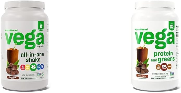 ヴィーガオーガニックオールインワンビーガンプロテインパウダー、チョコレート&プロテインとグリーンプロテインパウダー、チョコレート