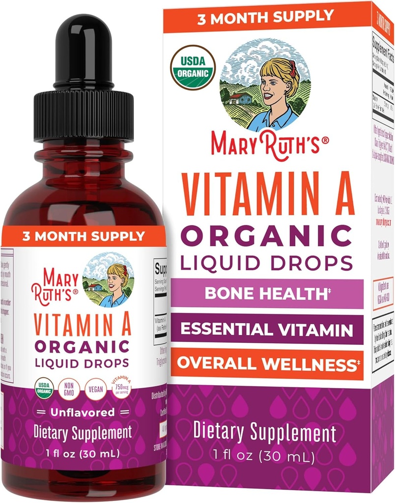 MaryRuth Organics USDA Organic Vitamin A Liquid Drops | 3 Month Supply | Bone Health for Ages 14+ | Essential Vitamin | 750mcg per Serving | Sugar Free | Vegan | Non-GMO | Gluten Free | 1oz