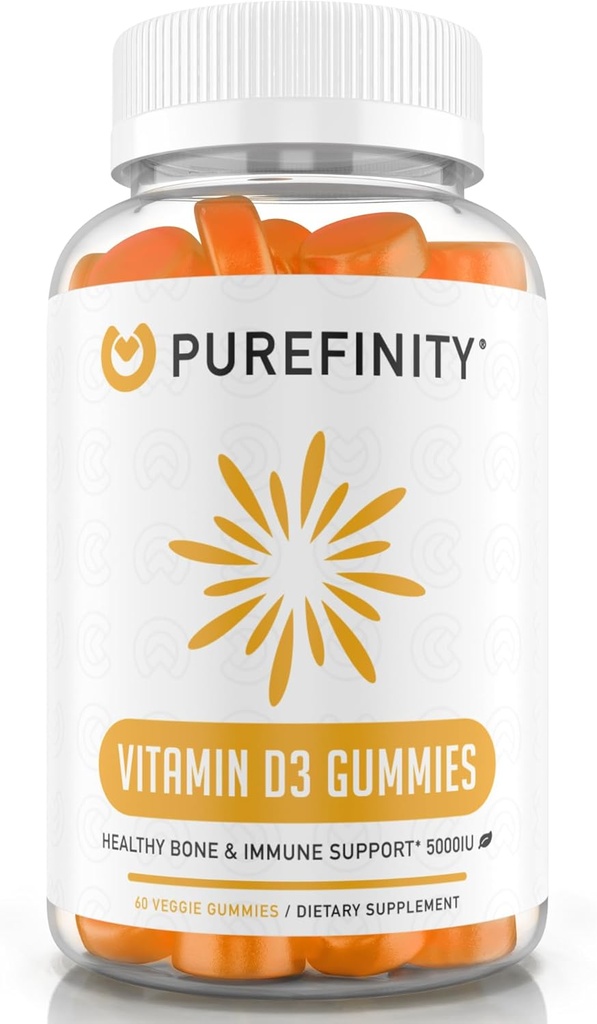 PUREFINITY Vitamin D3 5000 iu Gummies – Your Daily Vitamin D Supplement for Bone Health, Immune Health, and Joint Muscle Support for Adults & Kids – Gluten Free, Non-GMO – 60 Veggie Gummies