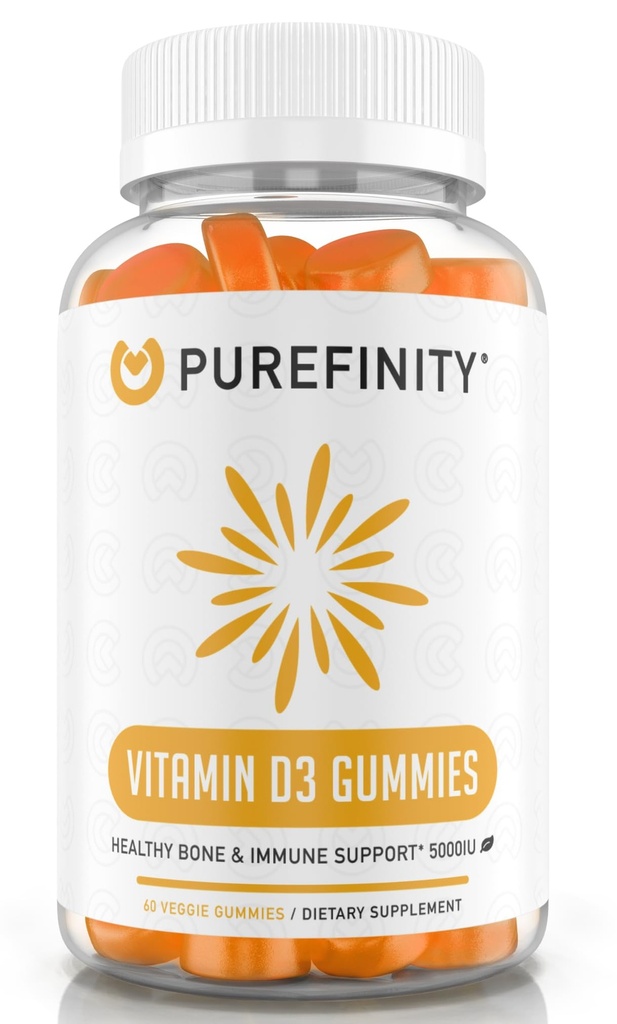 PUREFINITYビタミンD3 5000 iuグミ - あなたの毎日のビタミンDサプリメントは、骨の健康、免疫の健康、および大人と子供のための共同筋肉サポート - グルテンフリー、非GMO - 60ベジギーグミ