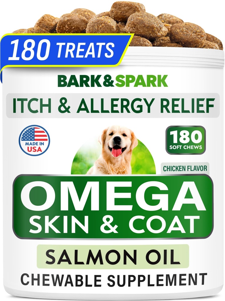 犬のためのBARK&SPARK Omega 3 - 180魚油は、犬の寝具、皮膚アレルギーの咀嚼、痛みの軽減、ホットスポットの治療 - 関節の健康 - 皮膚とコートサプリメント - EPA&DHA脂肪酸 - サーモンオイル