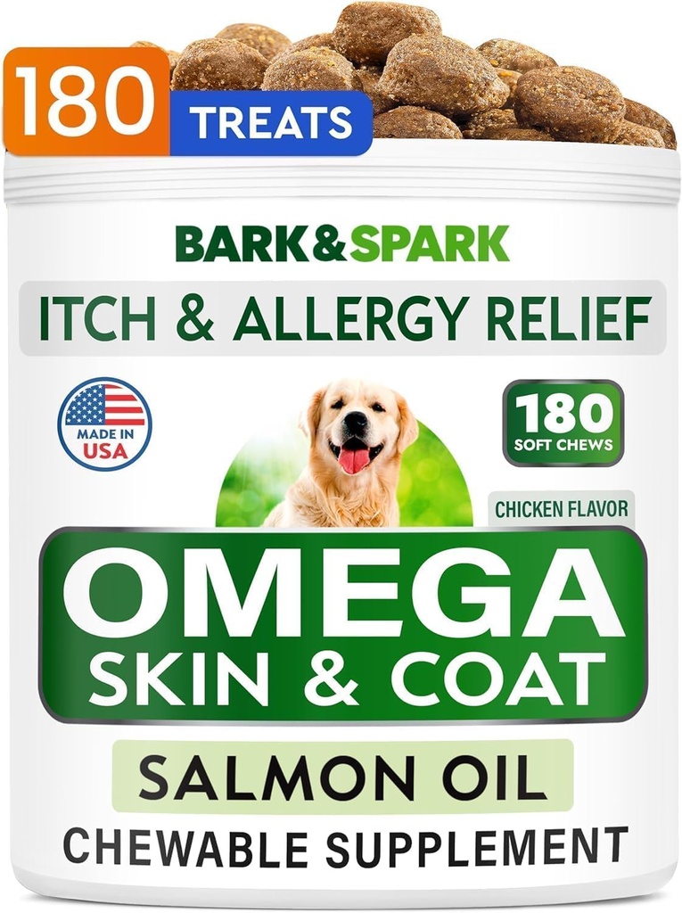 犬のためのBARK&SPARK Omega 3 - 180魚油は、犬の寝具、皮膚アレルギーの咀嚼、痛みの軽減、ホットスポットの治療 - 関節の健康 - 皮膚とコートサプリメント - EPA&DHA脂肪酸 - サーモンオイル