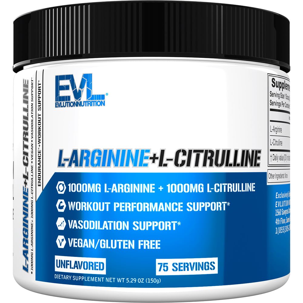 Evlution Nutrition L-Arginine + L-Citrulline - Endurance + Workout Performance Supplement - 2000mgコンプレックス - Vasodilation + Nitric酸化物サポート - ビーガン+グルテンフリーパウダー - 75給