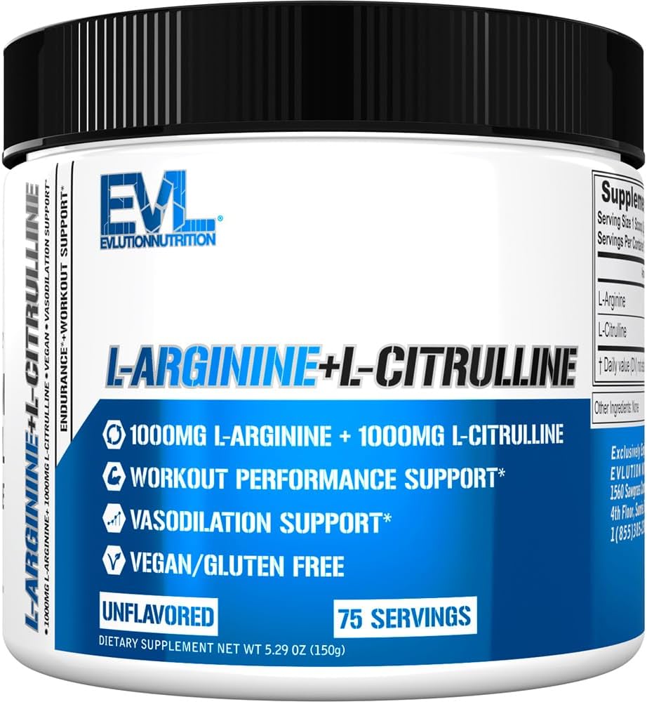 Evlution Nutrition L-Arginine + L-Citrulline - Endurance + Workout Performance Supplement - 2000mgコンプレックス - Vasodilation + Nitric酸化物サポート - ビーガン+グルテンフリーパウダー - 75給