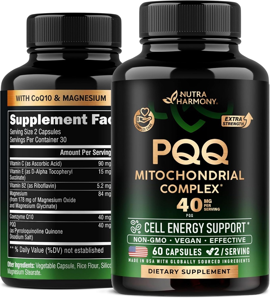 PQQQ 40 mg - CoQ10サプリメント付きPQQQ - ミトコンドリアバイオジェネシス&セルラーエネルギー生産 - マグネシウム、ビタミンC、E&B2 - 純粋で高バイオ利用できる | ラボテスト済み - 米国製 - 60カプセル