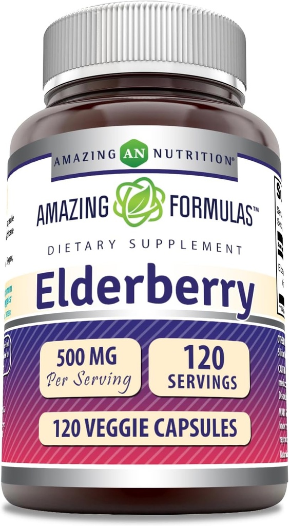 アメイジングフォーミュラ エルダーベリー サプリメント | 500 Mg / サービング | 120 Veggie Capsule | 10:1 コンセントレイト | 非GMO | グルテンフリー | アメリカ製