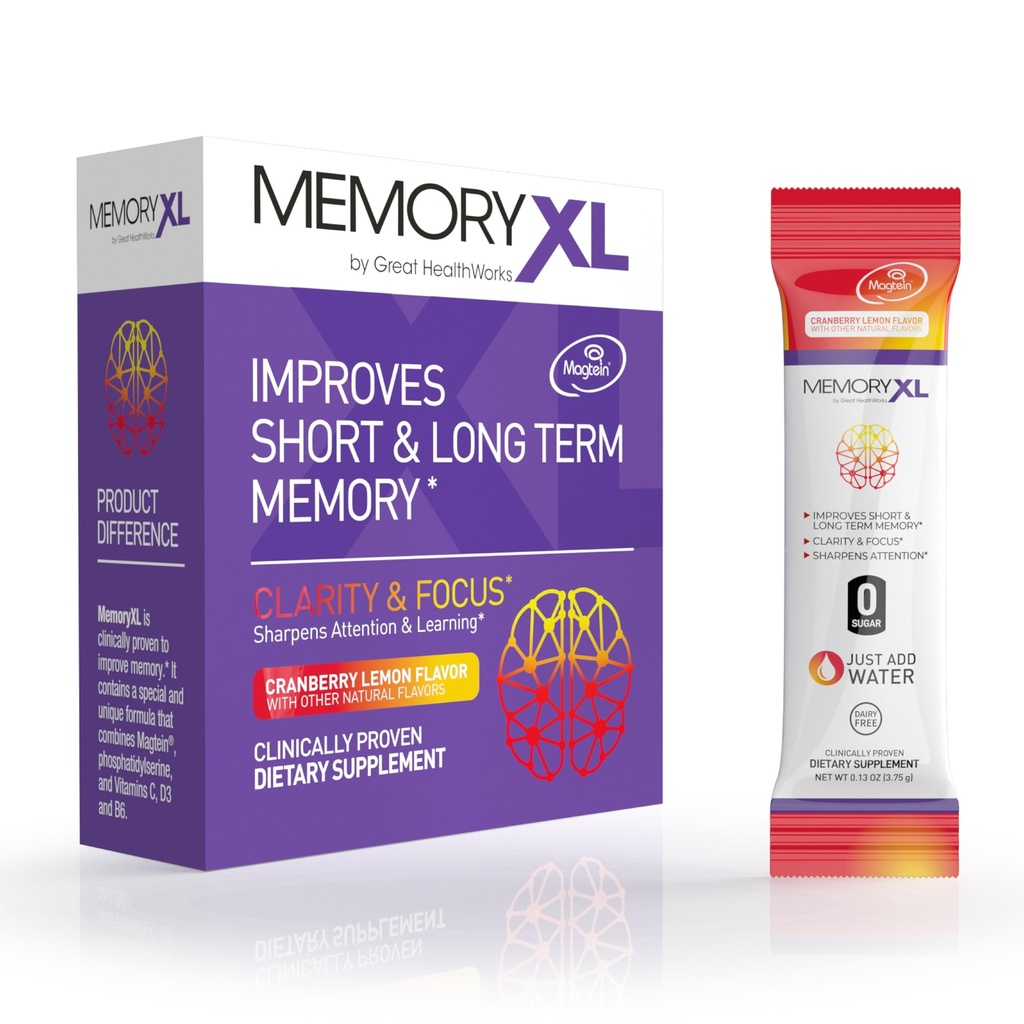 MemoryXL、マグネシウムL-Threonate: 記憶及び焦点のための頭脳の補足; Magtein®、Phosphatidylserine、ビタミンの組合せ。記憶焦点の注意の学習及び論理を改善して下さい。0砂糖、0 Cal、30pkクランベリーのレモン