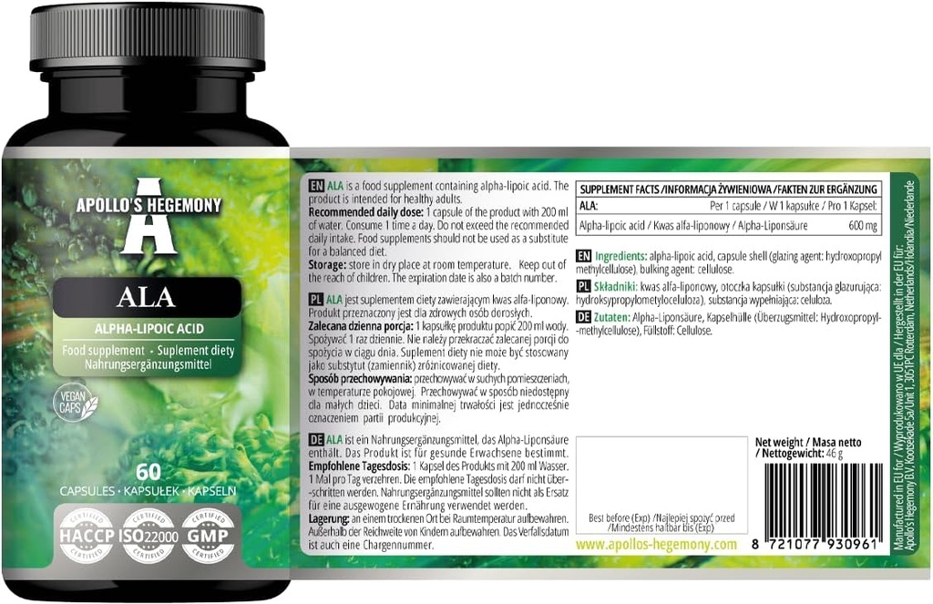 アポロのヘゲモニーアラ(アルファリポ酸)600mg - 60ビーガンカプセル - グルコース管理を最適化 - Mitochondrial Healthをサポート - 2ヶ月の供給