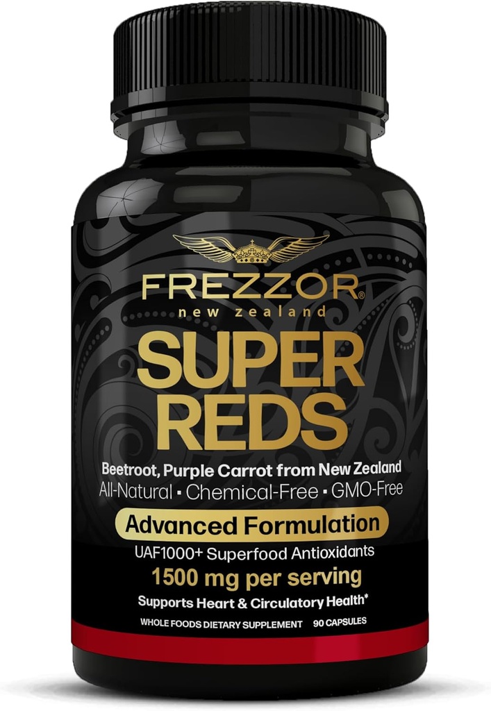 FREZZOR Super Reds Capsules with UAF1000+, All-Natural New Zealand Red Superfood Energy, Essential Red Fruits Veggies& Beets, Antioxidants, Enzymes, Energy Supplements, 90 Capsules, 1 Bottle