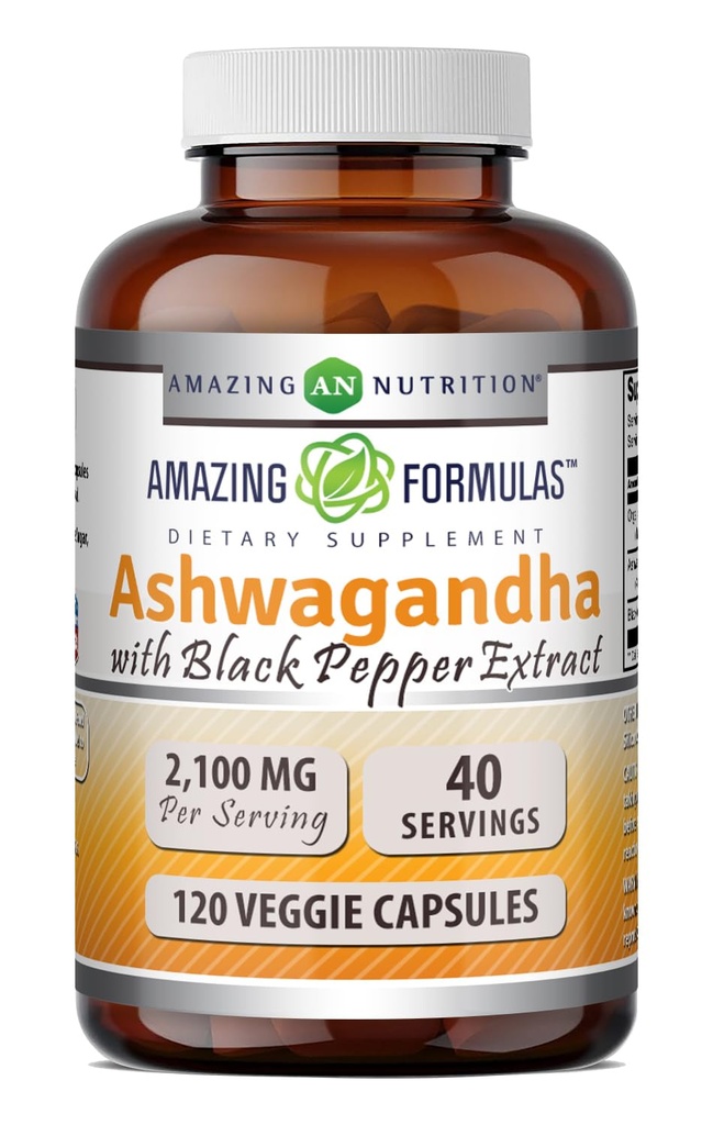 アメイジングフォーミュラ アシュワガンダ ルーツ with ブラックペッパーエキス サプリメント | 2100 Mg per サービング | Veggie Capsule Supplement | Non-GMO | Gluten-Free | アメリカ製(1パック、120個)