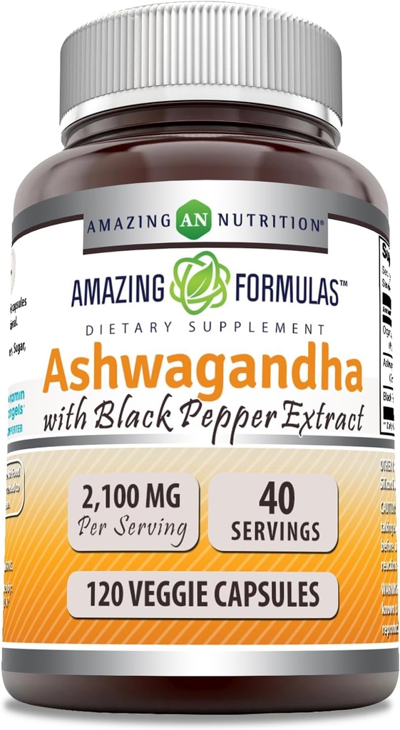 Amazing Formulas Ashwagandha Root with Black Pepper Extract Supplement | 2100 Mg Per Serving | Veggie Capsules Supplement | Non-GMO | Gluten-Free | Made in USA (1 Pack, 120 Count)