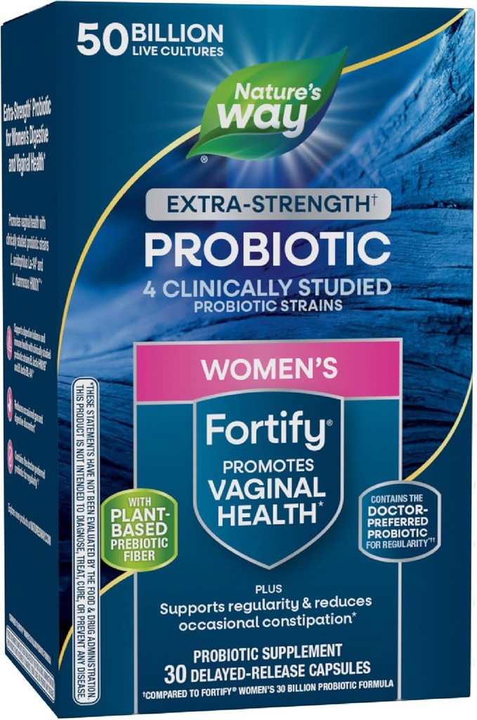 Nature's Way Women's Extra Strength(1) Fortify Probiotic 50Bカルチャー、サポートダイジェスト、腟&免疫健康*、植物ベースのプレバイオティックファイバー、非GMOプロジェクト検証、30カプセル