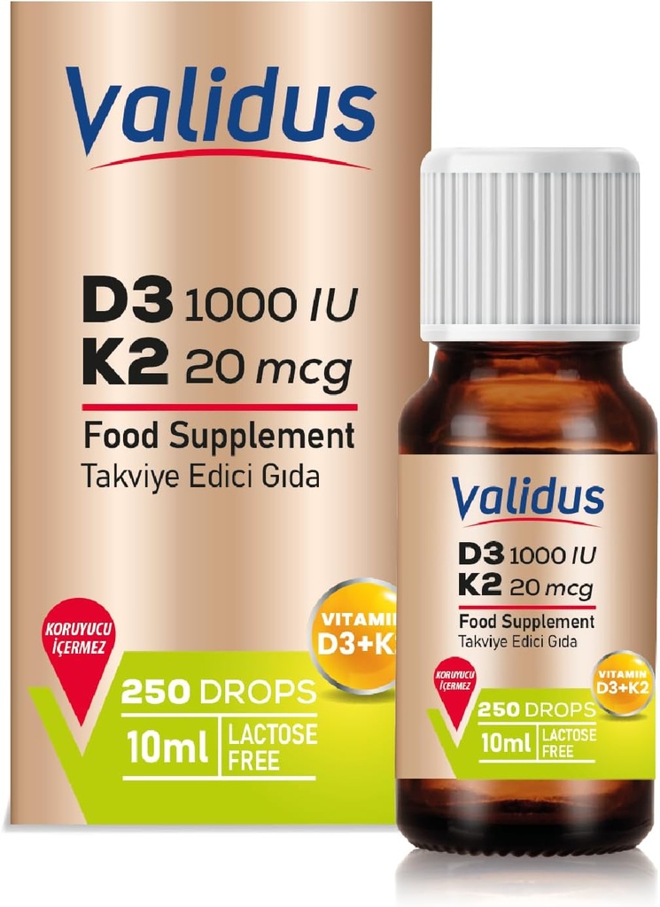 VALIDUSのビタミンD3K2の低下–高い効力のビタミンD3 + K2 MK-7、250の液体の低下、骨及び中心の健康のための高められた吸収、免疫機能、非GMOのグルテンフリー、使いやすい、10 mlを支えて下さい