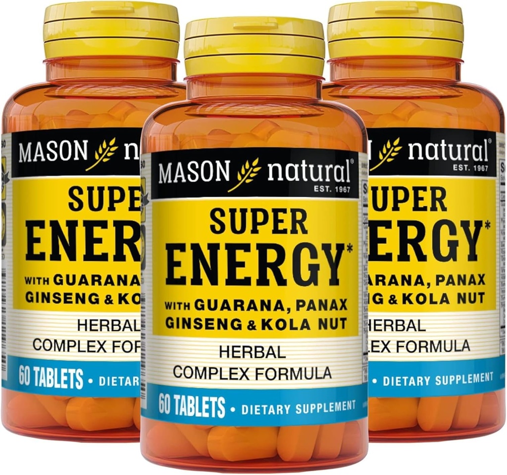 MASON NATURAL Super Energy, Made with Guarana, Panax Ginseng & Kola Nut for Optimal Performance & Energy, 90 Day Supply, 60 Tablets (Pack of 3)