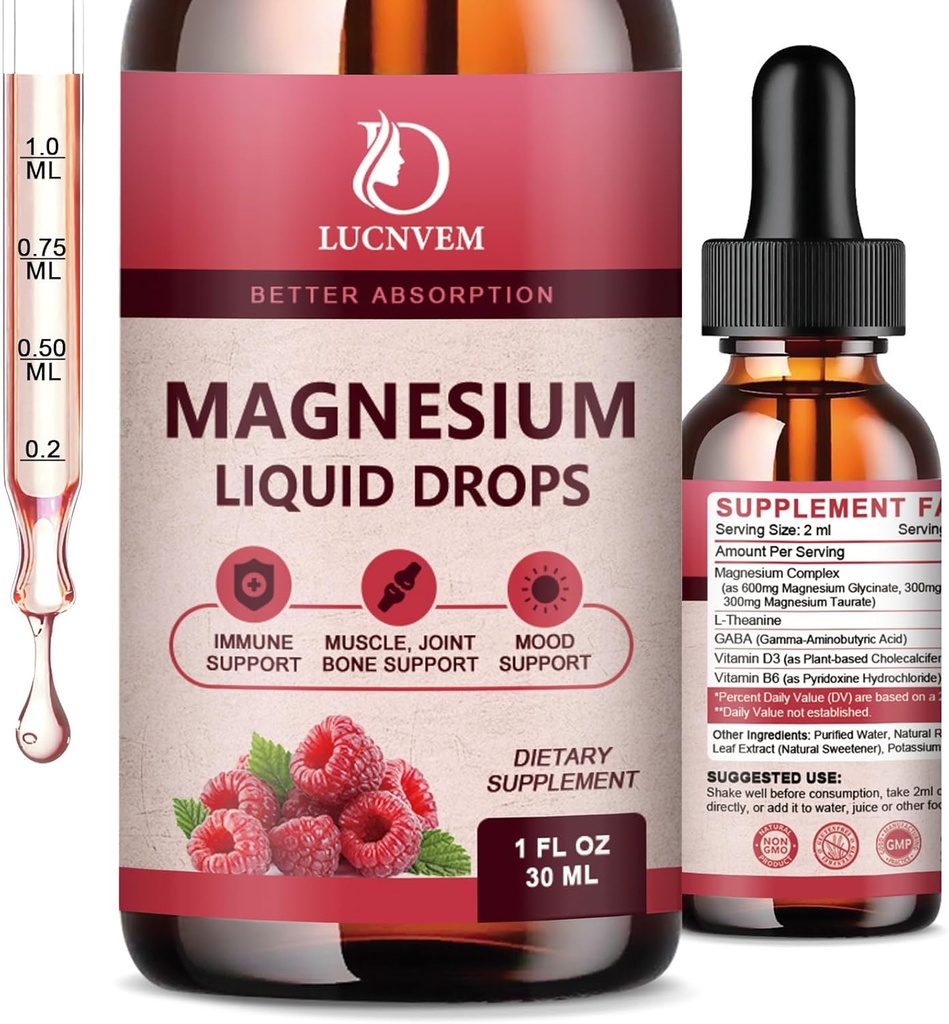 90% Absorption Magnesium Glycinate Liquid Drops with Citrate and Taurate, Magnesium Complex 1200mg with GABA, L-theanine, D3 and B6 for Calm, Sleep, Relaxation - Raspberry Flavor 1 Fl Oz (Pack of 2)