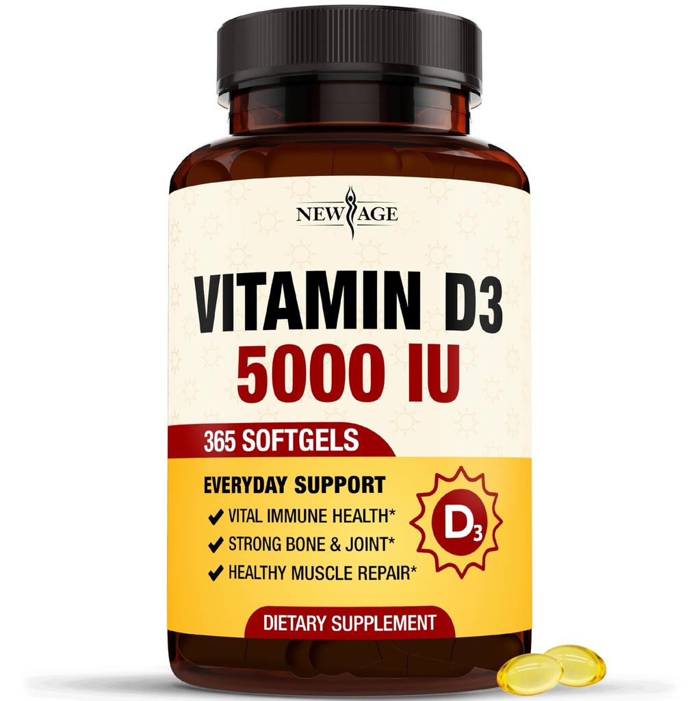 新しいAGE Vitamin D3 5000 IU 125mcg Softgels - サポート免疫サポート、強力な骨の健康 - 非GMO、グルテンフリー、乳製品フリー、1年の供給(360 Softgels)